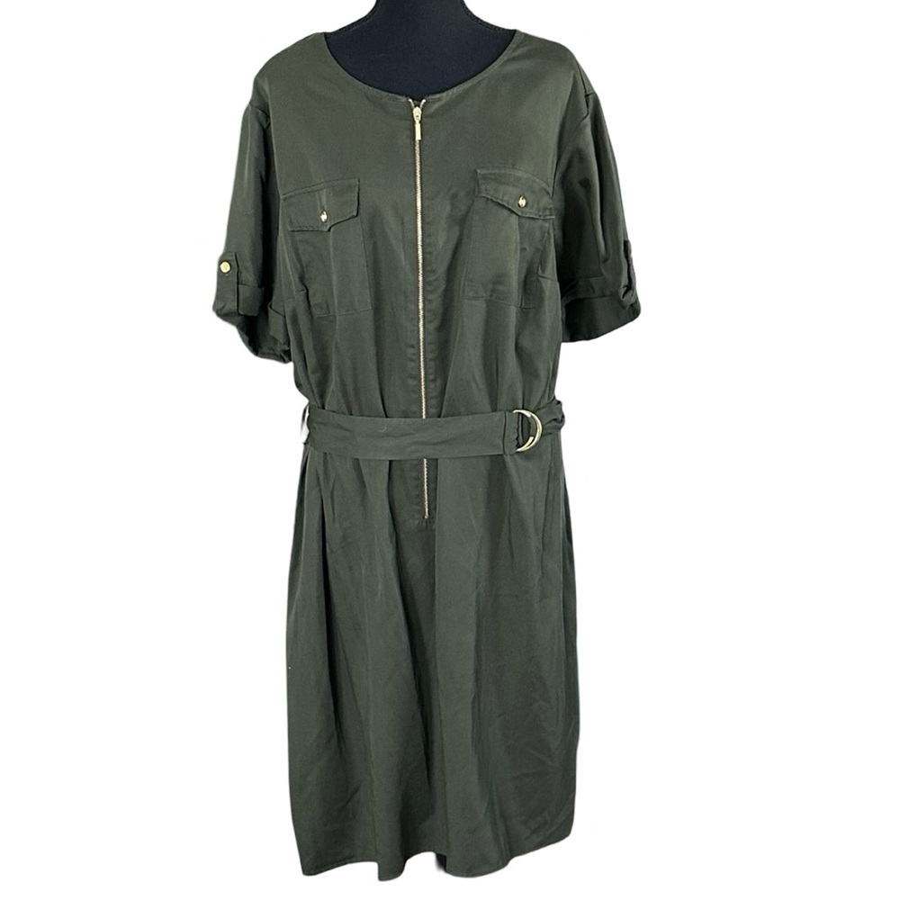 NWT Roz & Ali Zipper Dress Plus Size 18 Olive Green Short Sleeve Belted Waist
